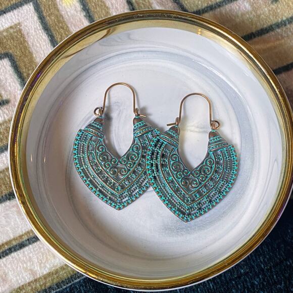 New Native Boho Aztec Turquoise Patina Earrings Hoop Tribal Ornate Rustic - Picture 3 of 4